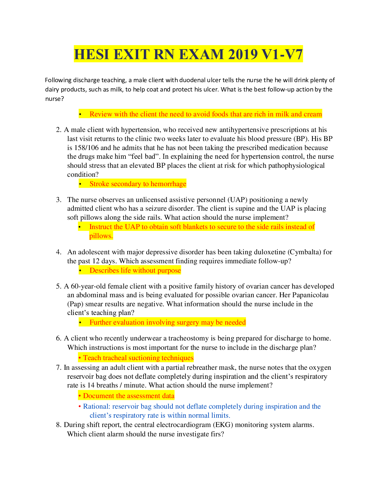 Preview of HESI EXIT RN EXAM 2019 V1-V7 - 160 TOTAL QUESTIONS & ANSWERS FOR EACH VERSION AUTHENTIC, A